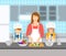 Mother and kids cooking together at kitchen flat illustration