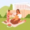 Mother and kids relaxing on backyard, sitting on picnic blanket outdoors. Mom and girls children resting together on