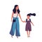 Mother leading her daughter to school. Portrait of modern family. Mom and little girl walking together. Parent and