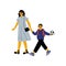 Mother Leading Her Son Student to School, Cute Boy and His Mom Walking Together Vector Illustration