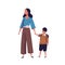 Mother leading her son to school. Portrait of modern family walking together. Parent and little pupil boy holding hands