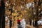 Mother and little baby daughter walking together in autumn park, forest. Mother with toddler daughter