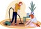 Mother and little daughter Cartoon housework. A young woman and a girl are washing the floor. The woman vacuums. cleaning the