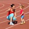 Mother & little daughter running around the stadium.