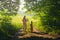 Mother and little girl looking toward the green summer fields during sunny summer sunset from the edge of a forest