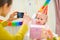 Mother making photos of babys first birthday