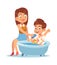 Daily mother. Mom bathes the child, mother helps boy take water treatments, washes with shampoo foam, kid every day