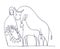 Mother and newborn child, Christmas, Madonna and child, bull and donkey, graphic black and white sketch on a white background