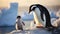 a mother penguin carefully preening and cleaning her fluffy chick on a rocky