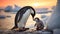 a mother penguin carefully preening and cleaning her fluffy chick on a rocky