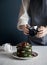 Mother photographs Green pancakes with chocolate