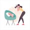 A mother photographs a newborn baby in the cradle. A woman takes pictures of her baby sleeping. Vector, flat style