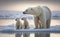 A mother polar bear and her cubs in its natural habitat, standing on ice in the Canadian Arctic from side view, generative AI