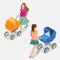 Mother pushing a baby stroller against background. Isometric flat 3d vector illustration - mother with baby in