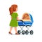 Mother pushing baby stroller walking with kid