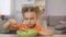 Mother putting table bowl with healthy oatmeal, daughter refusing eat porridge