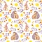 Mother rabbit and momhedgehog hug baby animal. Watercolor painted seamless pattern