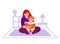 Mother reads a book to her daughter in the room. A little girl sits on her mother`s lap. Vector illustration in flat cartoon styl
