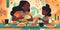 Mother\\\'s Day Brunch: Playful illustration of mother and child enjoying brunch together with flat shapes and bright colors