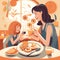 Mother\\\'s Day Brunch: Playful illustration of mother and child enjoying brunch together with flat shapes and bright colors