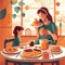 Mother\\\'s Day Brunch: Playful illustration of mother and child enjoying brunch together with flat shapes and bright colors