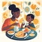 Mother\\\'s Day Brunch: Playful illustration of mother and child enjoying brunch together with flat shapes and bright colors