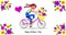 Mother`s Day - Cute girl on a bike gives her mothers flowers - Card horizontal -