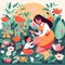 Mother\\\'s Day Garden: Cheerful illustration of mother and child gardening together with flat shapes and warm colors