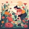 Mother\\\'s Day Garden: Cheerful illustration of mother and child gardening together with flat shapes and warm colors