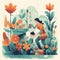 Mother\\\'s Day Garden: Cheerful illustration of mother and child gardening together with flat shapes and warm colors