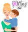 Mother`s day greeting card. Child hugging and kissing his beautiful mom.