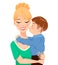 Mother`s day greeting card. Child hugging and kissing his beautiful mom