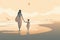 Mother\\\'s Day illustration with a minimalist style that showcases a mother and child enjoying a peaceful day at the beach.