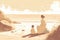 Mother\\\'s Day illustration with a minimalist style that showcases a mother and child enjoying a peaceful day at the beach.