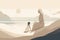 Mother\\\'s Day illustration with a minimalist style that showcases a mother and child enjoying a peaceful day at the beach