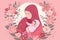 mother\'s day illustration mother day concept with red hijab mom hug baby and floral frame red background