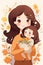 Mother\\\'s Day poster, flat illustrations, cute children sending flowers to beautiful mothers, big wavy hair, shiny big eyes, simpl