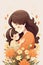 Mother\\\'s Day poster, flat illustrations, cute children sending flowers to beautiful mothers, big wavy hair, shiny big eyes, simpl