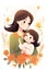 Mother\\\'s Day poster, flat illustrations, cute children sending flowers to beautiful mothers, big wavy hair, shiny big eyes, simpl