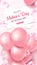 Mother`s Day Special Offer vertical banner. 50 percent Off Sale poster with white sheet pink balloons on rosy background