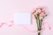 Mother`s Day, Valentine`s Day background design concept, beautiful pink carnation flower bouquet on pastel pink table, top view,