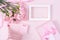 Mother`s Day, Valentine`s Day background design concept, beautiful pink carnation flower bouquet on pastel pink table, top view,