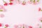 Mother`s Day, Valentine`s Day background design concept, beautiful pink, red carnation flower bouquet on pink table, top view,