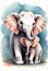 Mother\\\'s Protection: Hand-Drawn Elephant and Baby in Blue Watercolor