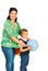 Mother with schoolboy holding globe