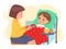 Mother and sick child. Worried mom at ill kid bedside. Parental care and love. Woman feeding son hot broth. Cartoon