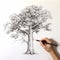 Mother Sketching An Elm Tree: Detailed, Photorealistic Pencil Drawing