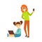 Mother With Smartphone And Girl With Ponytails And Lap Top, Person Being Online All The Time Obsessed With Gadget