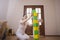 Mother And Son Building Tower Of Colorful Cubes