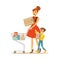 Mother And Son With Cart Shopping In Department Store , Cartoon Character Buying Things In The Shop